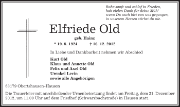 Traueranzeige von Elfriede Old von Offenbach