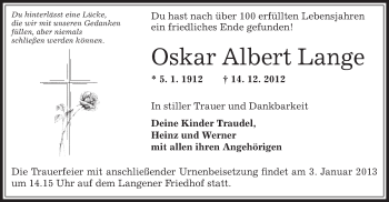 Traueranzeige von Oskar Albert Lange von Offenbach