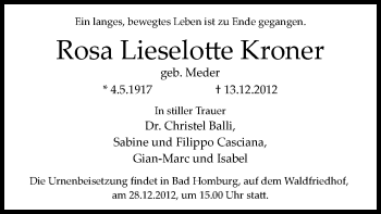 Traueranzeige von Rosa Lieselotte Kroner von Offenbach