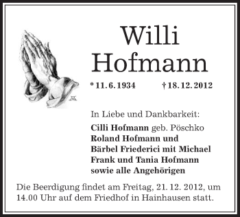 Traueranzeige von Willi Hofmann von Offenbach