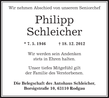 Traueranzeige von Philipp Schleicher von Offenbach