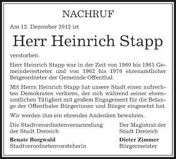 Traueranzeige von Heinrich Stapp von Offenbach