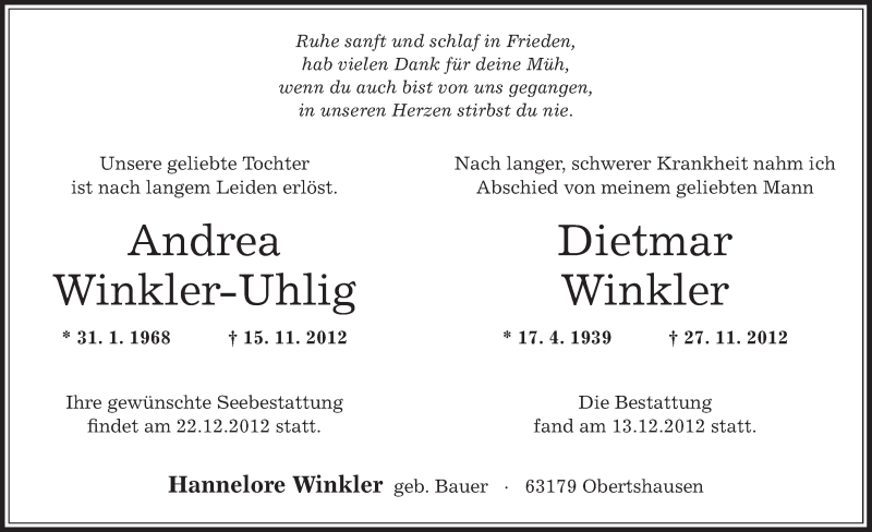  Traueranzeige für Andrea Winkler-Uhlig vom 22.12.2012 aus Offenbach