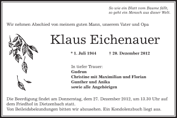 Traueranzeige von Klaus Eichenauer von Offenbach