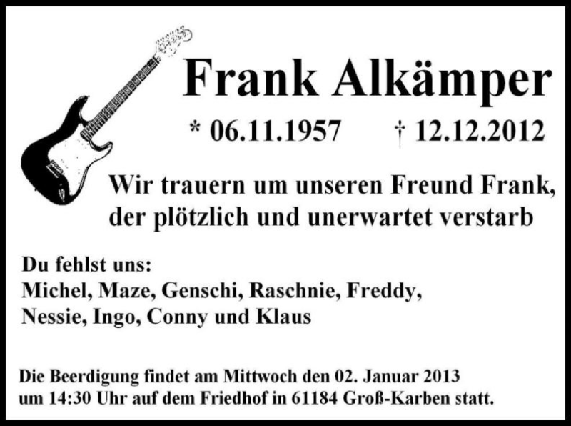  Traueranzeige für Frank Alkämper vom 22.12.2012 aus Offenbach