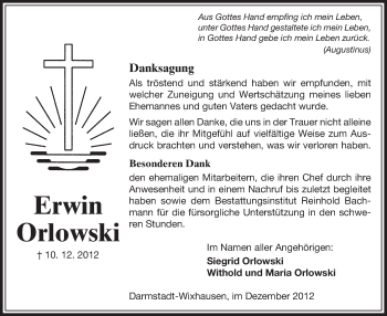 Traueranzeige von Erwin Orlowski von Offenbach