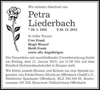 Traueranzeige von Petra Liederbach von Offenbach