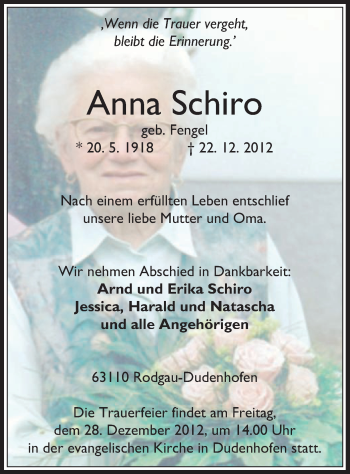 Traueranzeige von Anna Schiro von Offenbach