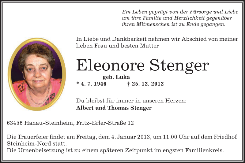  Traueranzeige für Eleonore Stenger vom 29.12.2012 aus Offenbach