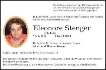 Traueranzeige von Eleonore Stenger von Offenbach