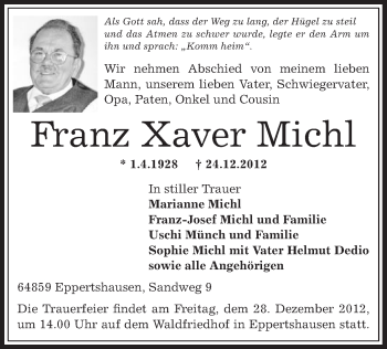 Traueranzeige von Franz Xaver Michl von Offenbach