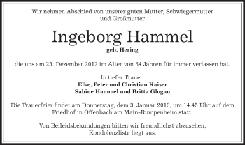 Traueranzeige von Ingeborg Hammel von Offenbach