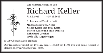 Traueranzeige von Richard Keller von Offenbach