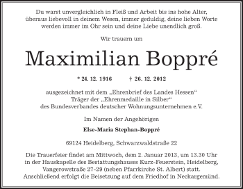 Traueranzeige von Maximilian Boppré von Offenbach