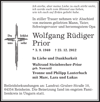 Traueranzeige von Wolfgang Rüdiger von Offenbach