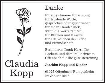 Traueranzeige von Claudia Kopp von Offenbach