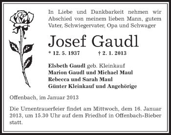 Traueranzeige von Josef Gaudl von Offenbach