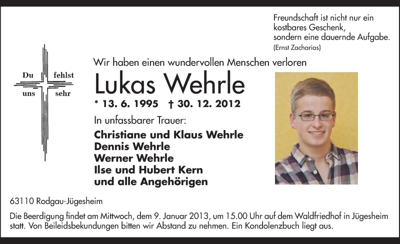  Traueranzeige für Lukas Wehrle vom 05.01.2013 aus Offenbach