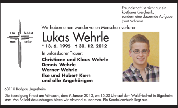 Traueranzeige von Lukas Wehrle von Offenbach