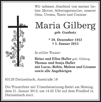 Traueranzeige von Maria Gilberg von Offenbach