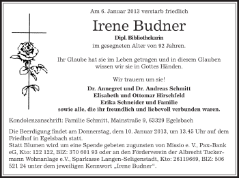 Traueranzeige von Irene Budner von Offenbach