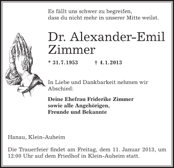 Traueranzeige von Alexander-Emil Zimmer von Offenbach