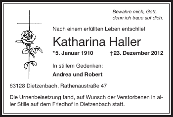 Traueranzeige von Katharina Haller von Offenbach