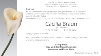 Traueranzeige von Cäcilia Braun von Offenbach