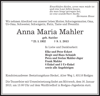 Traueranzeige von Anna Maria Mahler von Offenbach