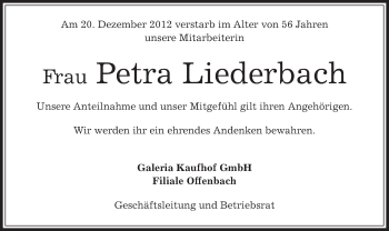 Traueranzeige von Petra Liederbach von Offenbach