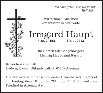 Traueranzeige von Irmgard Haupt von Offenbach