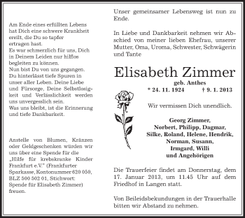 Traueranzeige von Elisabeth Zimmer von Offenbach