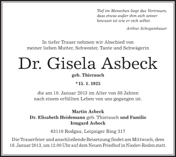 Traueranzeige von Gisela Asbeck von Offenbach