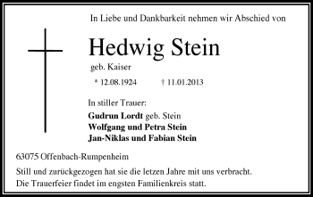 Traueranzeige von Hedwig Stein von Offenbach