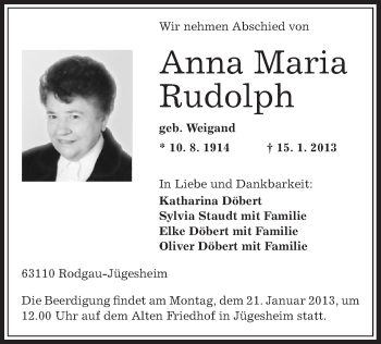 Traueranzeige von Anna Maria Rudolph von Offenbach