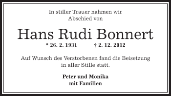 Traueranzeige von Hans Rudi Bonnert von Offenbach