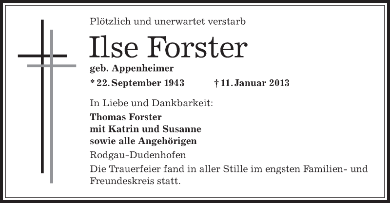  Traueranzeige für Ilse Forster vom 31.01.2013 aus Offenbach