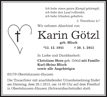 Traueranzeige von Karin Götzl von Offenbach