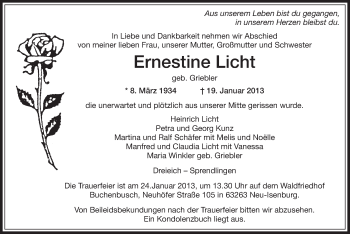 Traueranzeige von Ernestine Licht von Offenbach