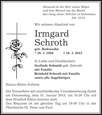 Traueranzeige von Irmgard Schroth von Offenbach