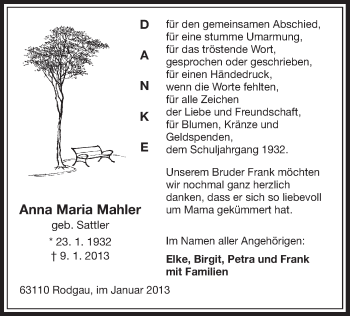 Traueranzeige von Anna Maria Mahler von Offenbach