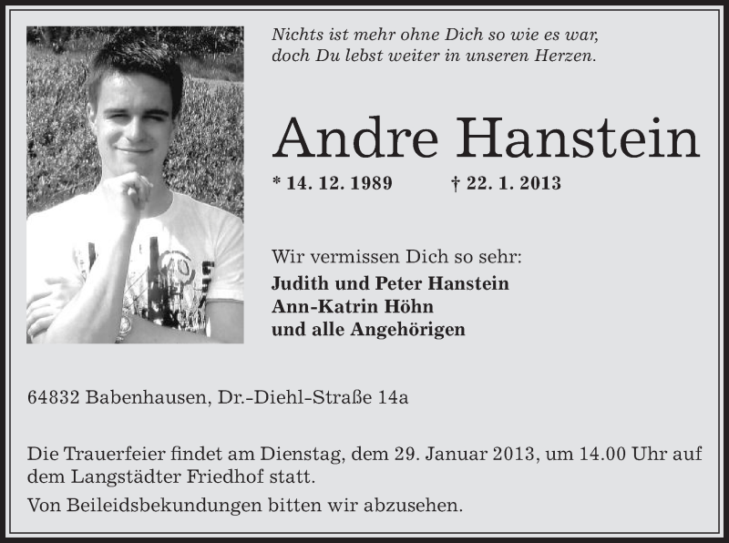  Traueranzeige für Andre Hanstein vom 26.01.2013 aus Offenbach