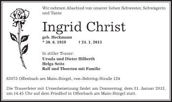 Traueranzeige von Ingrid Christ von Offenbach