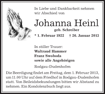 Traueranzeige von Johanna Heinl von Offenbach