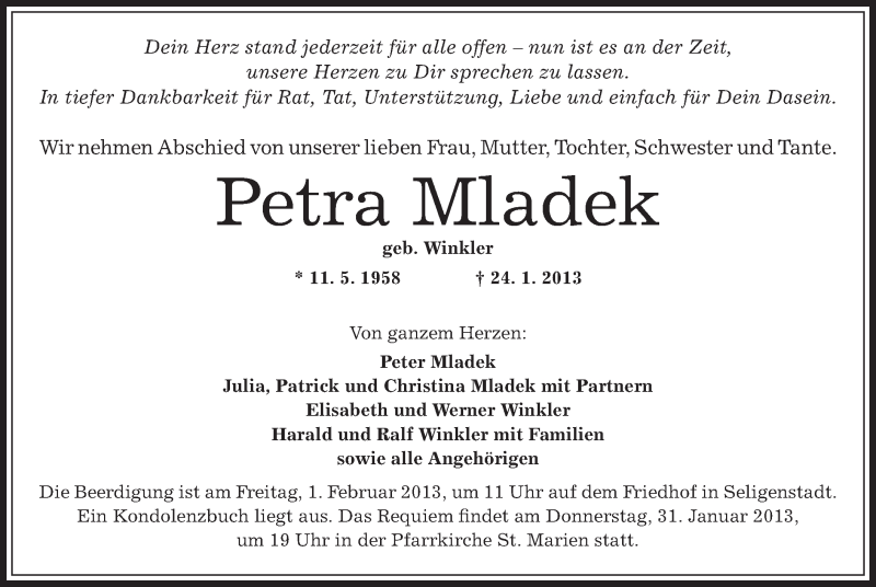  Traueranzeige für Petra Mladek vom 29.01.2013 aus Offenbach