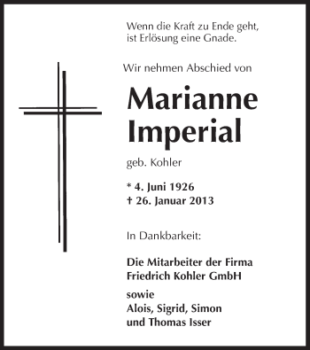 Traueranzeige von Marianne Imperial von Offenbach