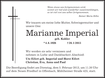 Traueranzeige von Marianne Imperial von Offenbach