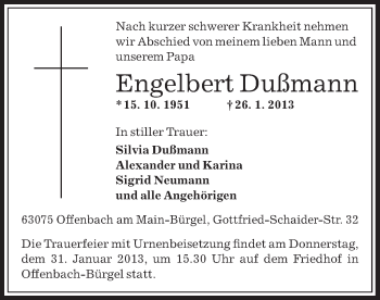 Traueranzeige von Engelbert Dußmann von Offenbach