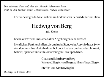 Traueranzeige von Hedwig von Berg von Offenbach