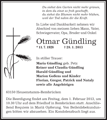 Traueranzeige von Otmar Gündling von Offenbach